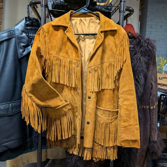 70s Vintage Orange Suede Leather Jacket Fringe Biker Western Moto Bomber Coat - Picture 7 of 8